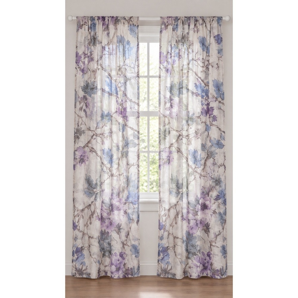 Floral Sheer Curtain Panels 2 Piece Set Purple Blue 43x86 Cottagecore NWOT